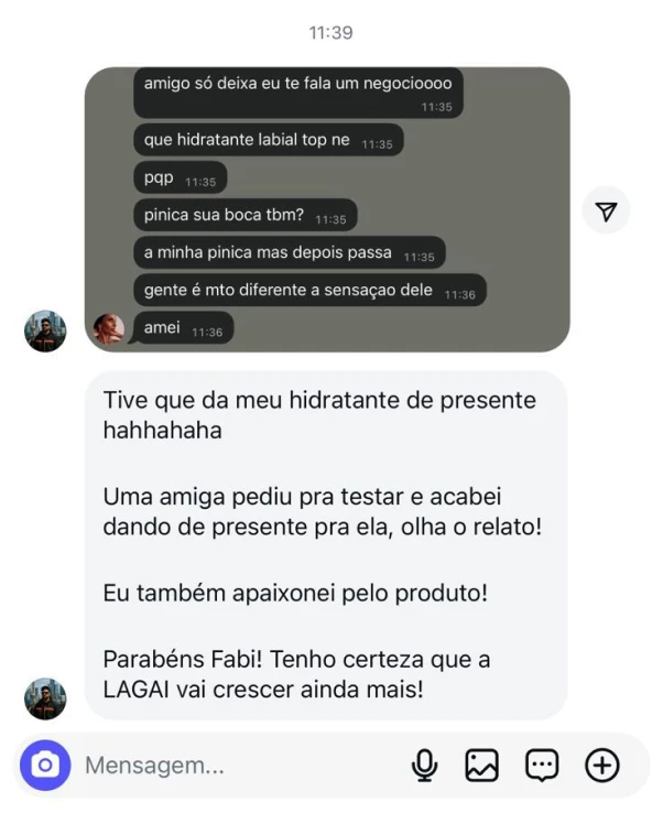Print de conversa com cliente elogiando a qualidade dos produtos Lagai