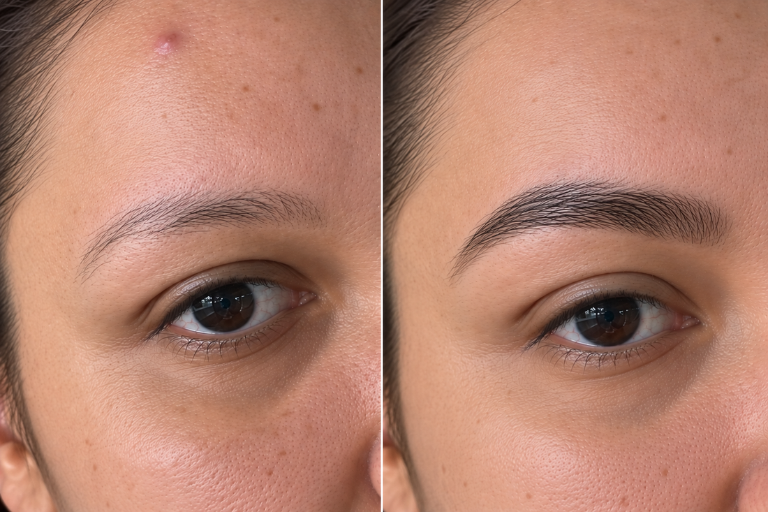 Antes e depois real de cliente: sobrancelha com falhas e fios ralos, e depois mais preenchida e com fios mais fortes, com o Serum Moon Lashes