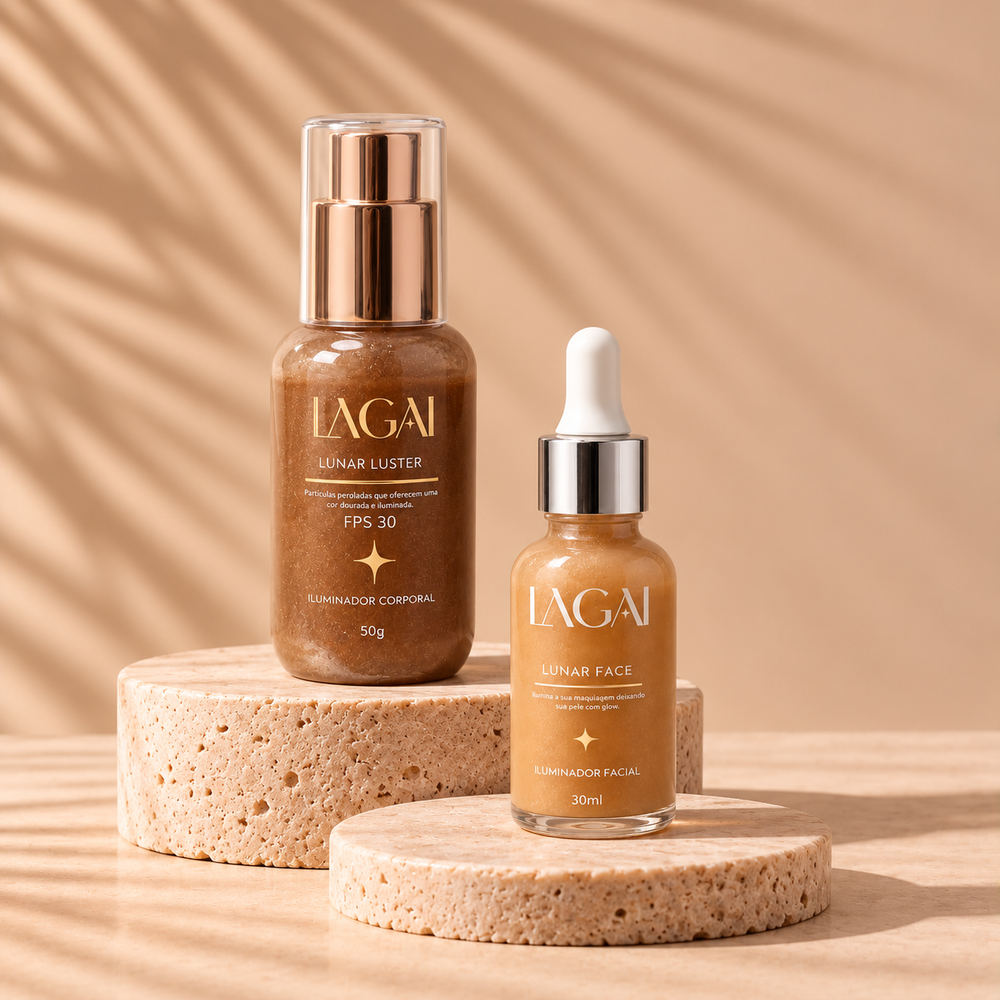 Kit Lunar Face + Lunar Luster da Lagai: Iluminador Corporal Lunar Luster 50g FPS 30 e Iluminador Facial Lunar Face 30ml