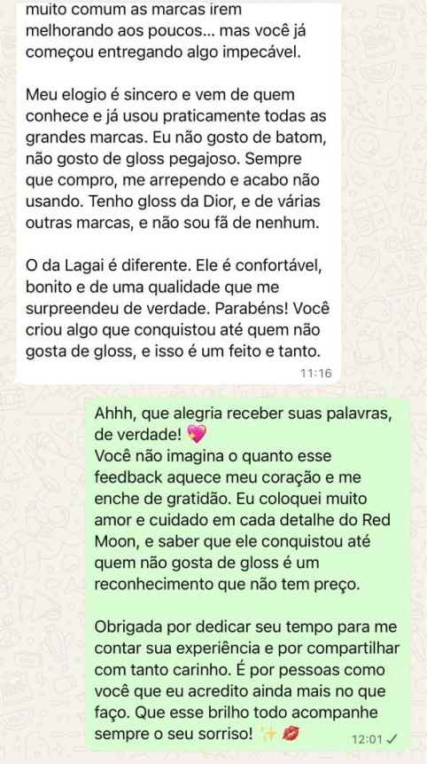 Print de depoimento de cliente Lagai no WhatsApp elogiando os produtos