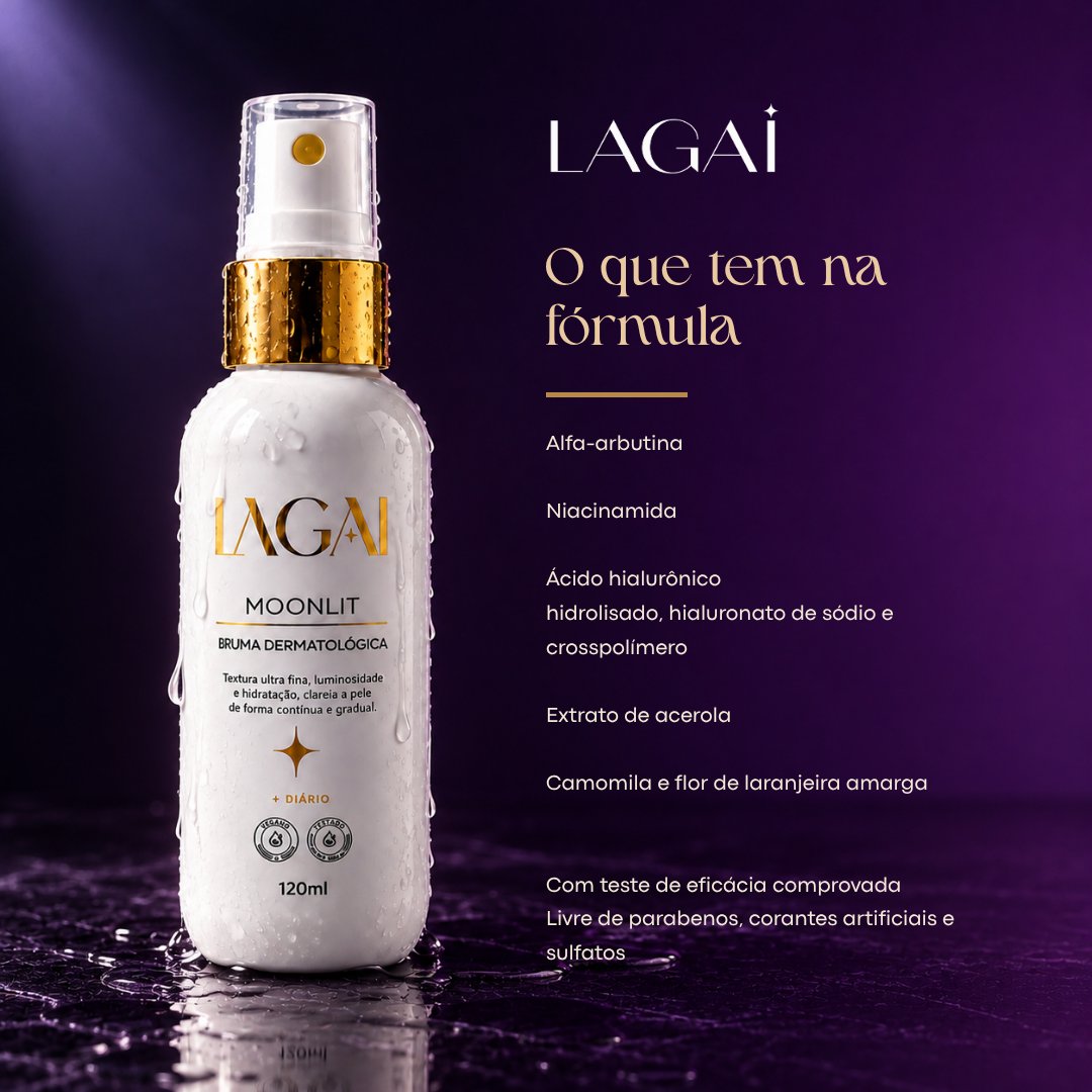 O que tem na fórmula da Bruma Clareadora MoonLit 120 ml: alfa-arbutina, niacinamida, ácido hialurônico hidrolisado, hialuronato de sódio e crosspolímero, extrato de acerola, camomila e flor de laranjeira amarga. Com teste de eficácia comprovada, livre de parabenos, corantes artificiais e sulfatos.