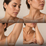 Quatro fotos da mesma mulher mostrando onde a Bruma MoonLit pode ser aplicada: rosto, pescoço, axilas e cotovelos.