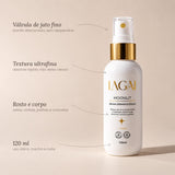 Frasco da Bruma Clareadora Dermatológica MoonLit 120 ml em fundo bege, com quatro indicações: válvula de jato fino, textura ultrafina que absorve rápido, uso no rosto e no corpo e 120 ml para uso diário.