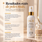 Resultados reais de peles reais: três depoimentos 5 estrelas de clientes sobre a Bruma MoonLit — Carla Souza, Roberta Figueiredo e Juliana Mendes — ao lado do frasco de 120 ml.