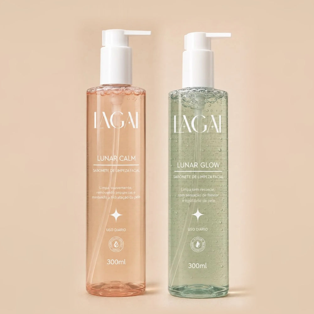 Kit Duplo Sabonetes Lunares da Lagai: Lunar Calm e Lunar Glow, 300ml cada, lado a lado