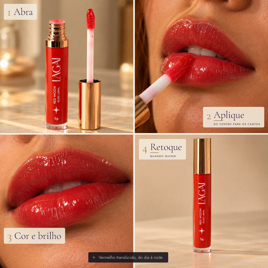 Modo de uso do Gloss Labial Red Moon da Lagai: abra, aplique do centro para os cantos, cor e brilho, retoque quando quiser.