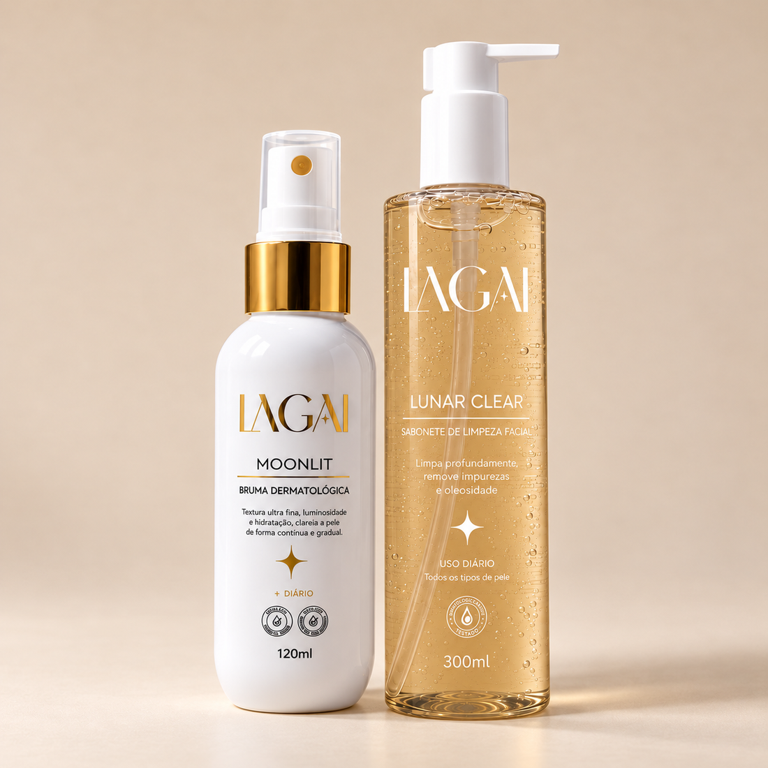 Kit Lagai com a Bruma Clareadora MoonLit 120ml e o Sabonete Facial Lunar Clear 300ml lado a lado.