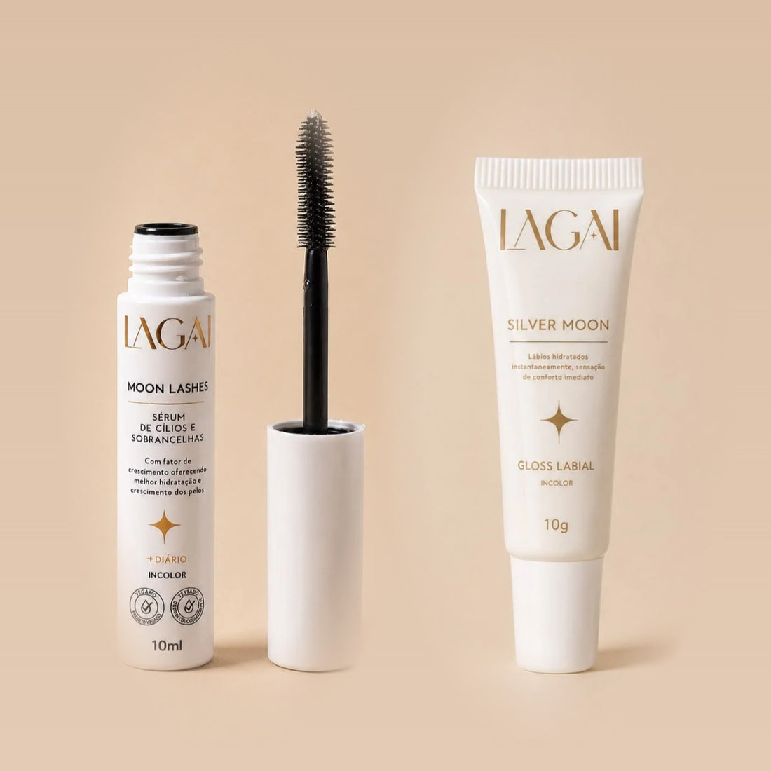 Kit Sérum Moon Lashes 10ml + Gloss Labial Silver Moon 10g da Lagai, lado a lado em fundo bege.