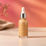 Frasco de vidro do Iluminador Facial Lunar Face 30ml com conta-gotas, sobre superfície clara e fundo em degradê rosa e pêssego