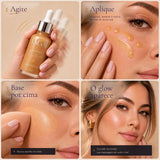 Modo de uso do Iluminador Facial Lunar Face da Lagai em 4 passos: agite, aplique 4 gotas, base por cima e o glow aparece.