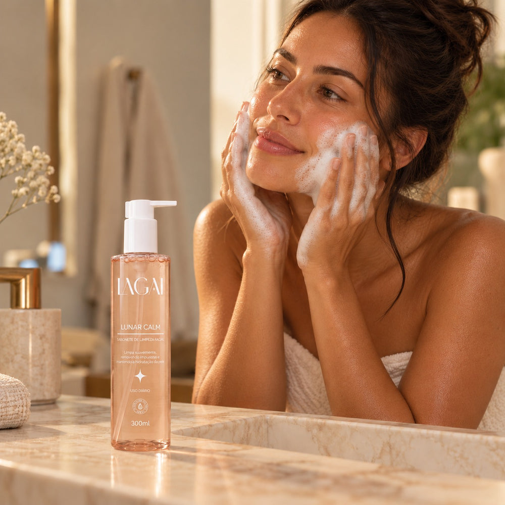 Mulher lavando o rosto com espuma do Sabonete Facial Lunar Calm 300ml da Lagai, frasco com gel rosado na bancada do banheiro.