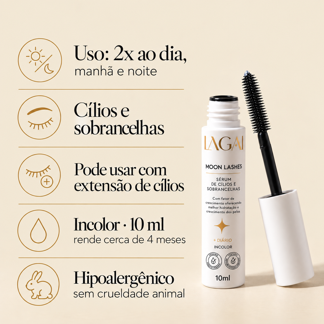 Ficha rápida do Sérum Moon Lashes: uso 2 vezes ao dia, manhã e noite; para cílios e sobrancelhas; pode usar com extensão de cílios; incolor, 10 ml, rende cerca de 4 meses; hipoalergênico e sem crueldade animal.
