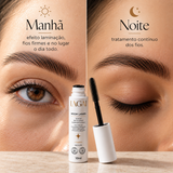Sérum Moon Lashes de manhã e à noite: de manhã, efeito laminação com os fios firmes e no lugar o dia todo; à noite, tratamento contínuo dos fios. Frasco de 10 ml e escovinha aplicadora em primeiro plano.