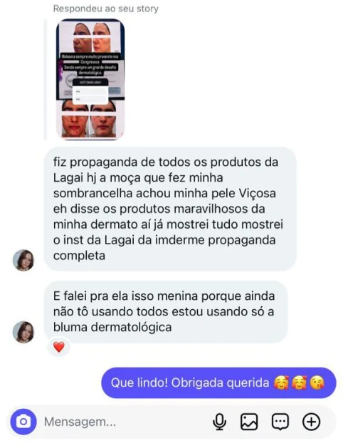 Depoimento de cliente satisfeita com os resultados dos dermocosméticos Lagai